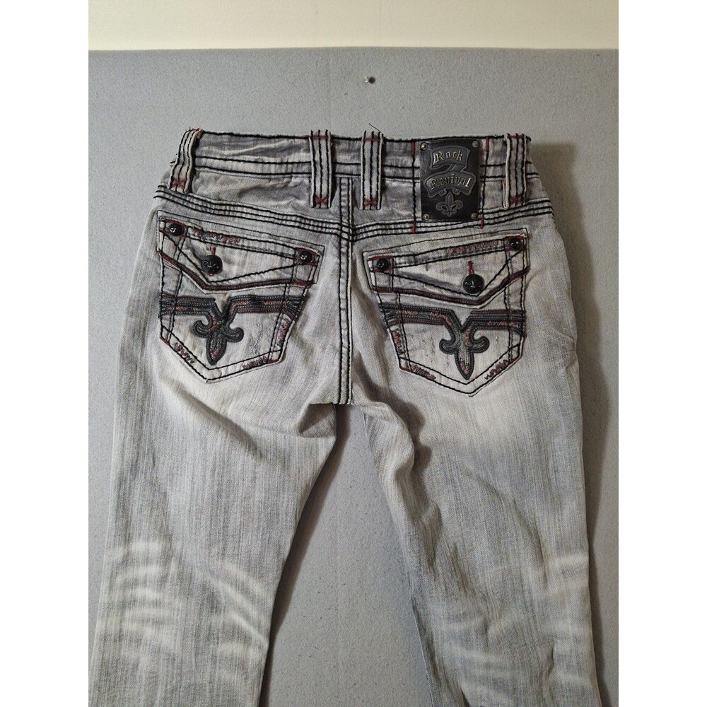 Rock Revival Jarvis Straight Jeans 33x32 Grey Black Wash Embroidered Red Stitch